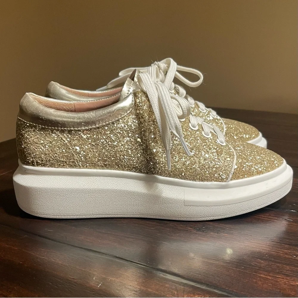 Línea Paola Kelsey Playful Lace-Up Platform Tennis Shoes PU Gold Glitter - Picture 6 of 16
